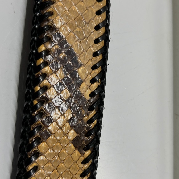 Vintage Snakeskin Belt Wide Exotic Leather Oval Buckle Whipstitch Trim Boho - Picture 7 of 12
